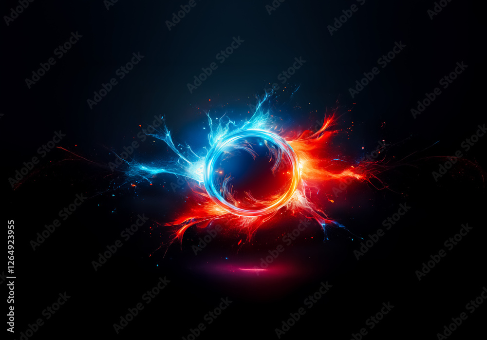 Aufkleber Vibrant abstract image featuring a circular burst of energy. Blue and red light emanates from the center, creating a dynamic and glowing effect against a dark backdrop.