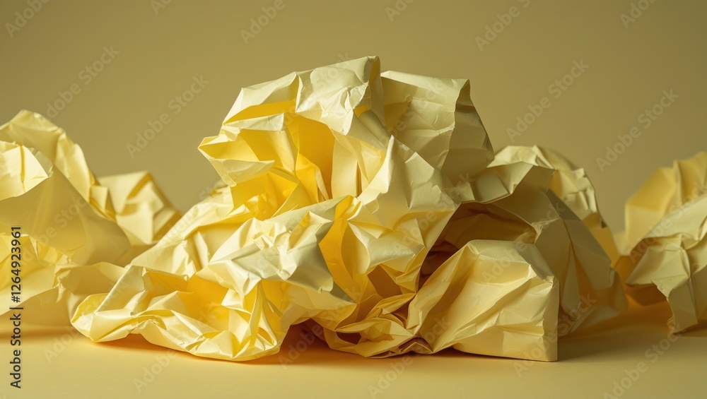 Aufkleber Crumpled yellow paper texture on pastel background creative abstract composition with copy space for text placement