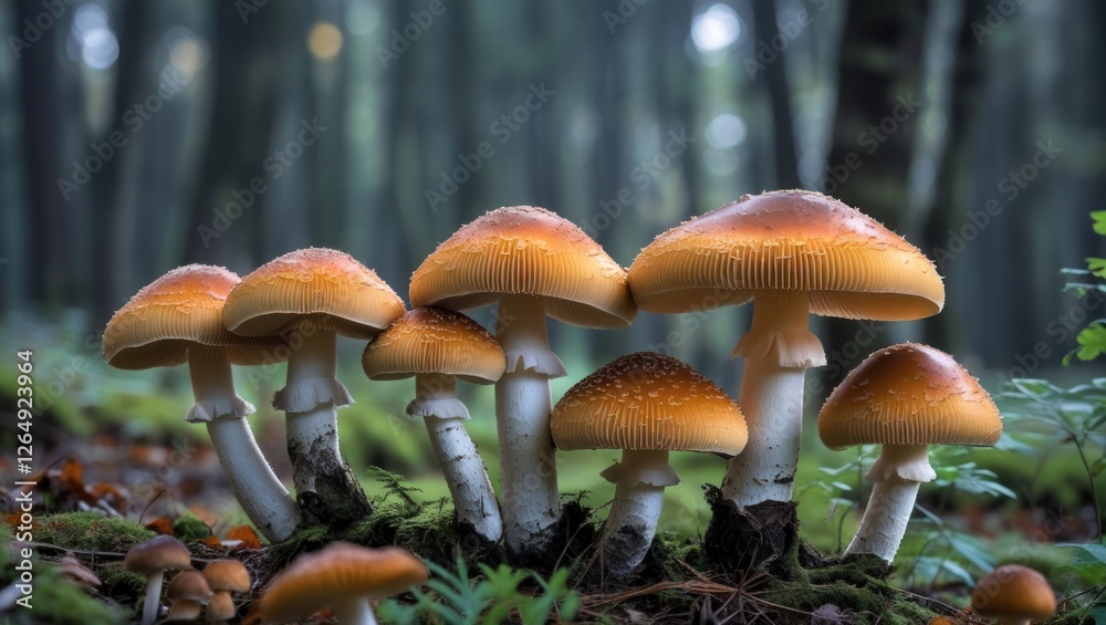 Poster Mushrooms with orange caps growing on the forest floor surrounded by lush greenery and soft light filtering through trees