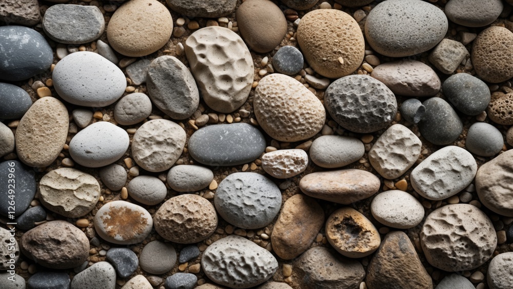 Aufkleber Variety of textured and smooth river stones arranged closely on a surface suitable for background use and design applications Copy Space