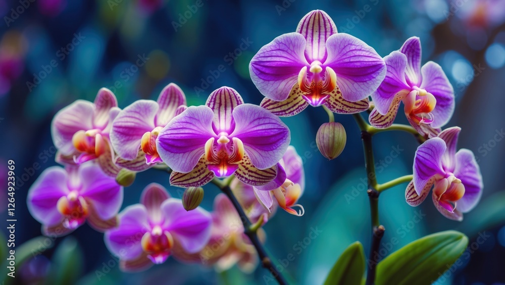Poster Vibrant pink orchids in full bloom with intricate patterns on petals against a blurred natural background Copy Space