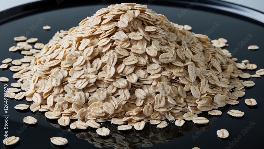 Aufkleber Piled raw rolled oats on a black surface with scattered oats around the mound and copy space available for text.