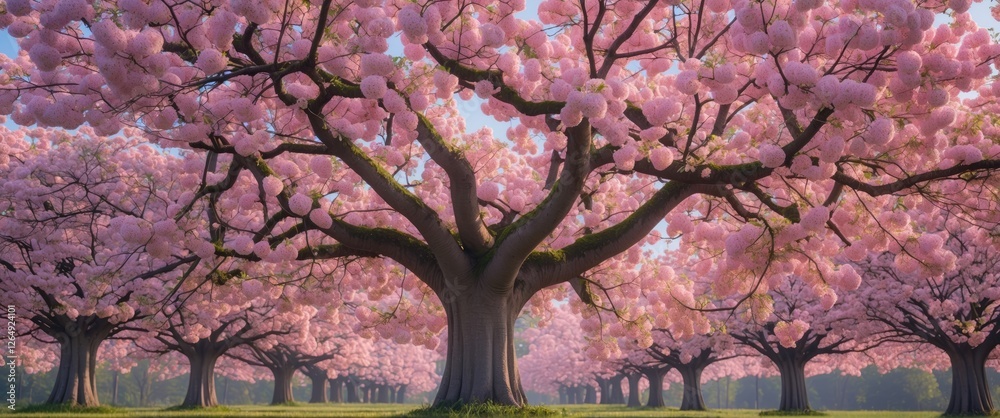 Poster blossoming cherry trees in full bloom with vibrant pink flowers in a spacious field during daylight 