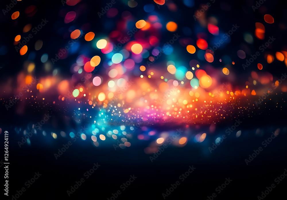 Aufkleber blurred background featuring vibrant bokeh lights in shades of orange, blue, red, and purple, creati