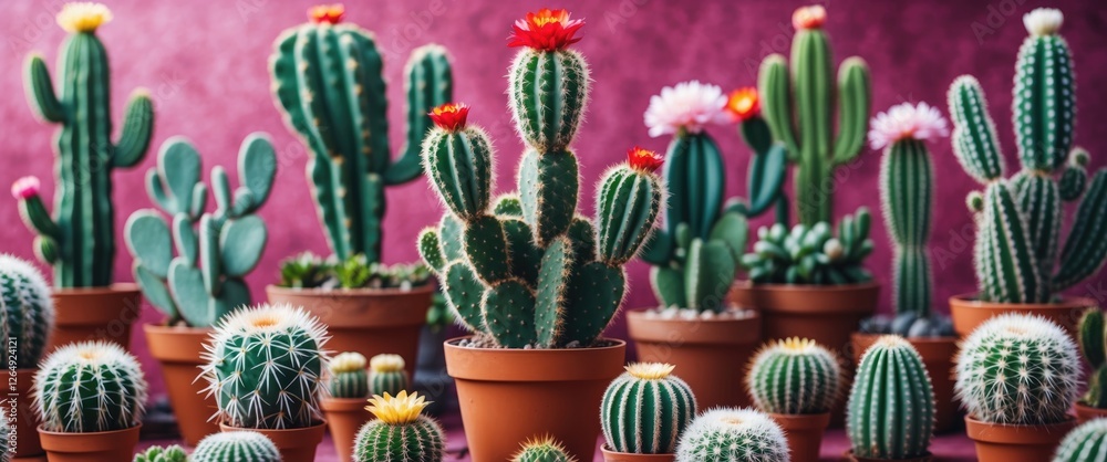 Poster colorful variety of potted cacti with flowers on vibrant background with copy space for text