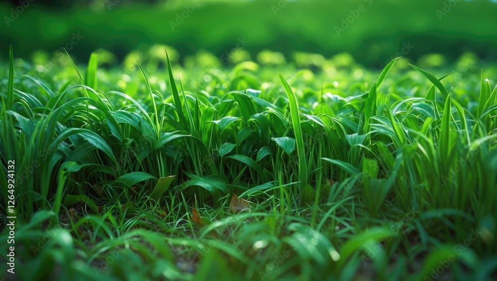 Poster lush green grass field with vibrant blades and soft bokeh background depicting a natural serene land