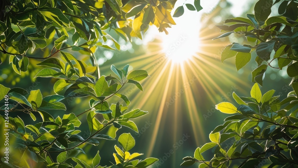 Poster Sunlight filtering through lush green leaves creating a natural light effect in a forest setting with copy space for text