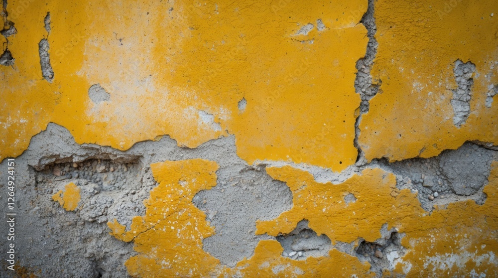 Poster textured yellow and gray wall surface with visible cracks and peeling paint showing weathered condit