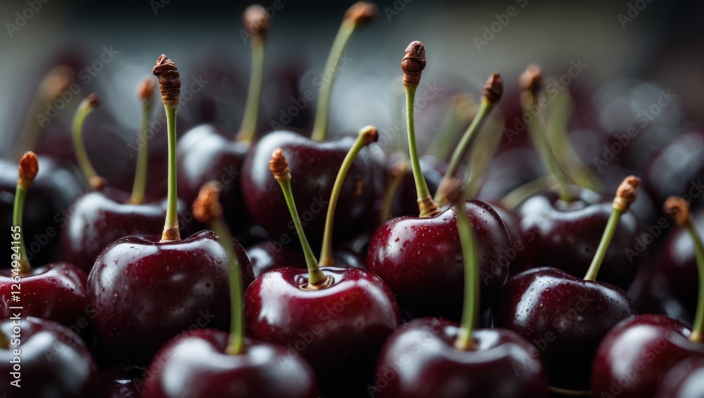 Poster fresh ripe cherries with stems placed closely together displaying natural shine and detail on a blur