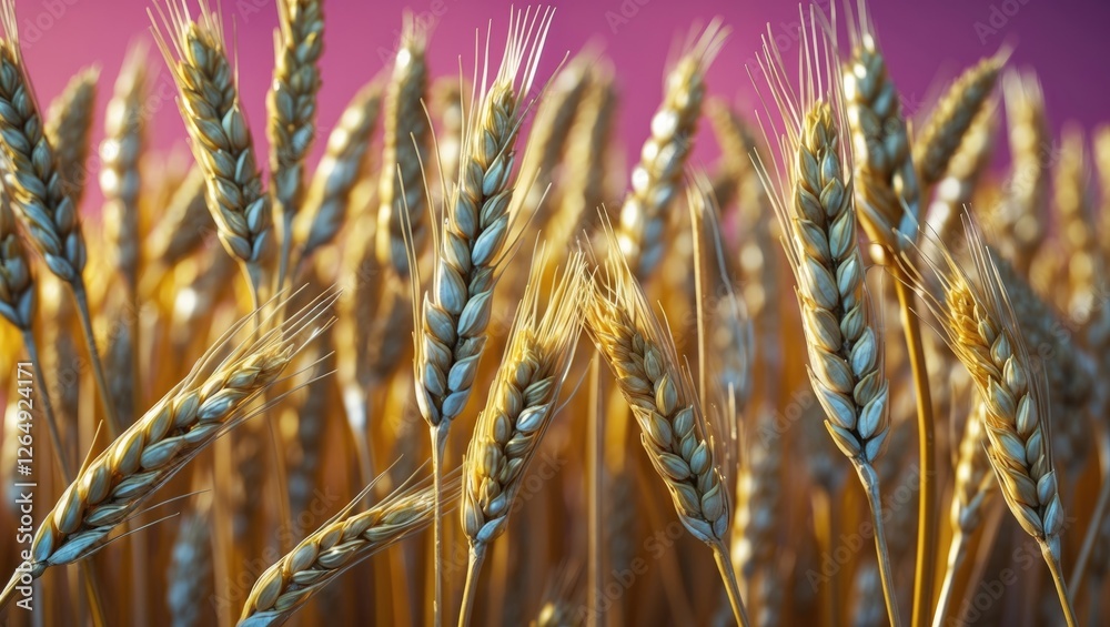 Poster close-up of golden wheat ears with vibrant background colors suitable for agricultural themes and co
