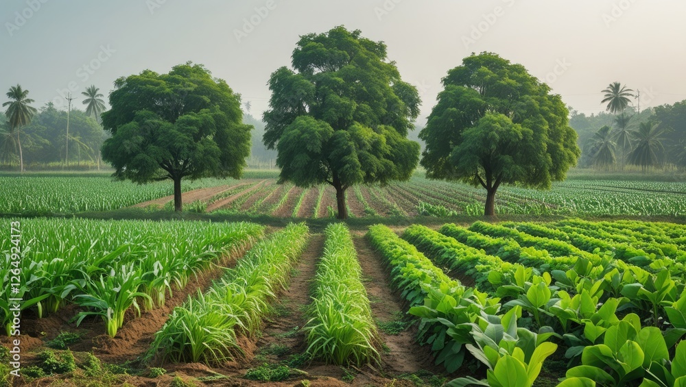 Poster lush agricultural field with rows of green crops and three tall trees in a rural landscape during ea