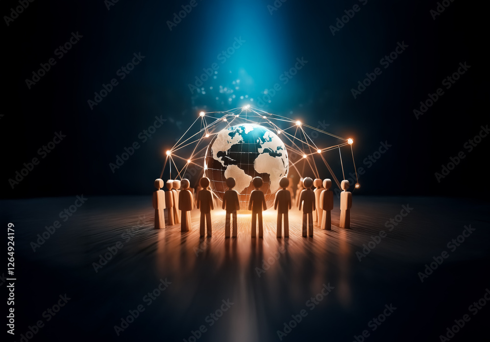 Fototapete Global network concept. Figurines circle a glowing globe with light beams and connected nodes. Represents worldwide connection and community.