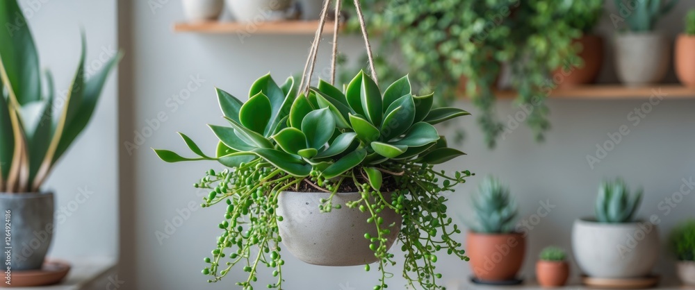 Poster hanging succulent plants in a modern interior setting with stylish pots and lush greenery on display