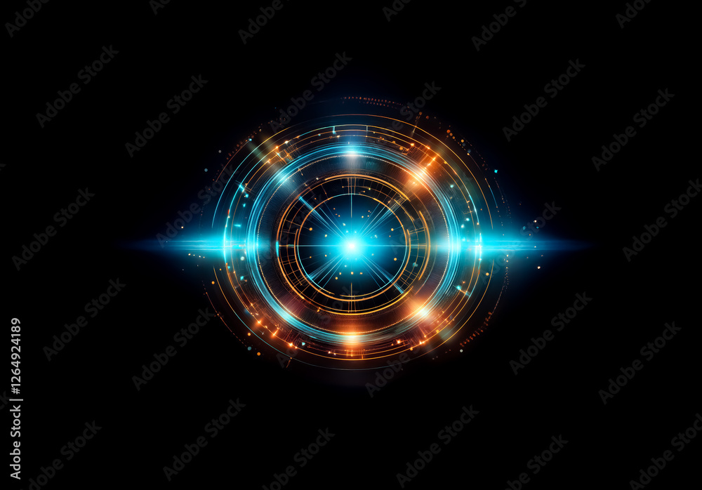 Poster circular light effect with blue and orange glows against a black backdrop. it resembles a futuristic