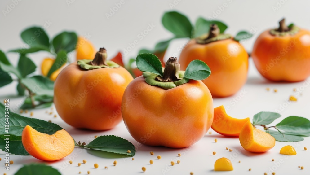 Poster persimmons with green leaves arranged on white background with scattered fruit slices and seeds copy