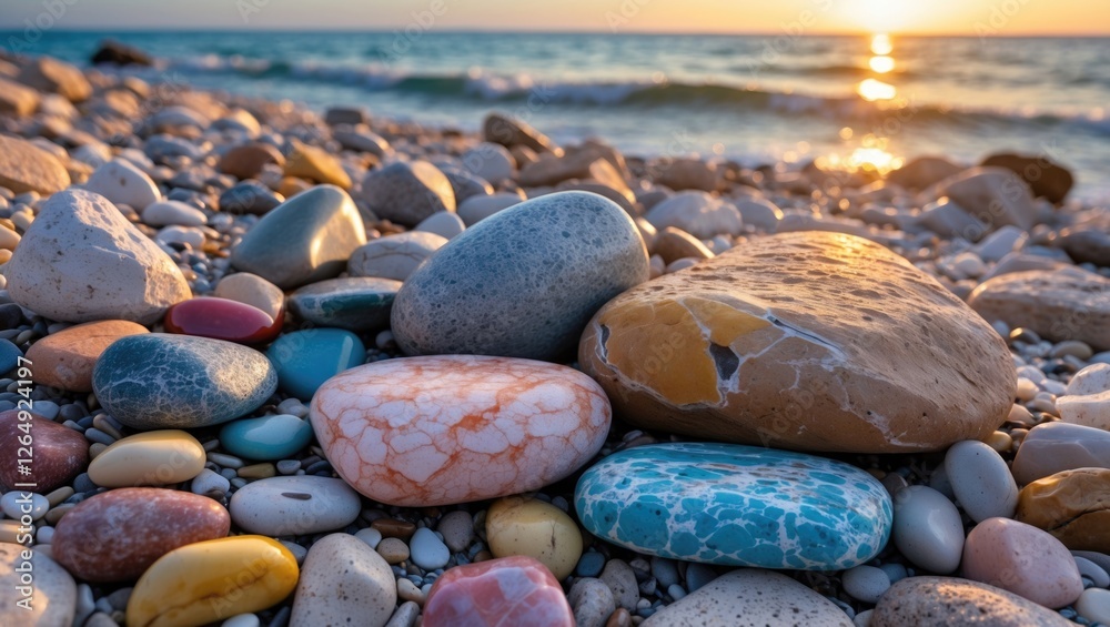 Poster colorful smooth pebbles on a beach at sunset with gentle waves in the background copy space