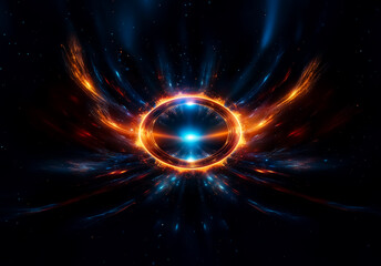 Vibrant abstract cosmic scene featuring a glowing sphere at the center, encircled by fiery orange and blue rings, radiating energy against a dark starry space background.