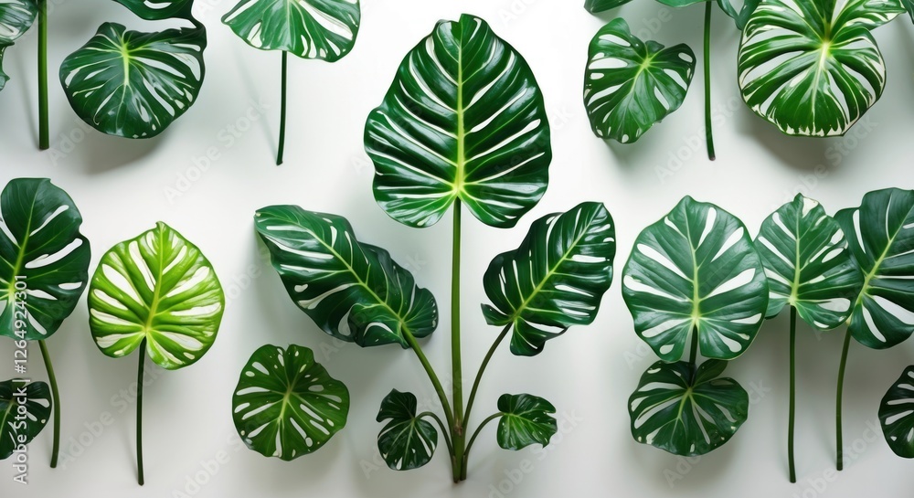 Aufkleber Various tropical leaves arranged on a wall with a neutral background showcasing different shapes and patterns Copy Space