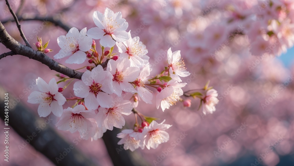 Aufkleber Cherry blossom flowers on tree branch with soft background and bokeh effect providing Copy Space for text insertion