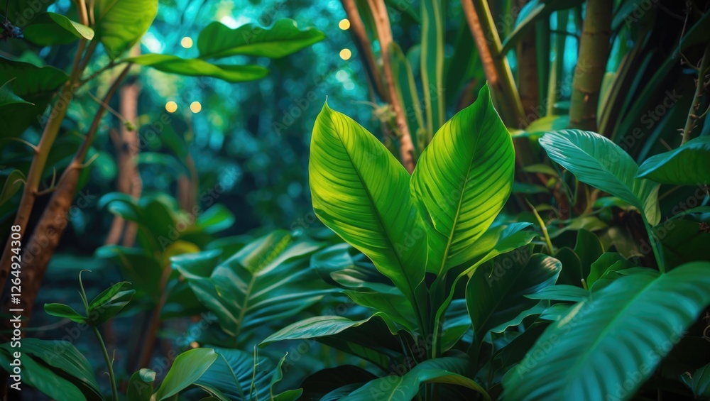 Poster lush green tropical foliage with large leaves in a serene indoor garden setting illuminated by soft 