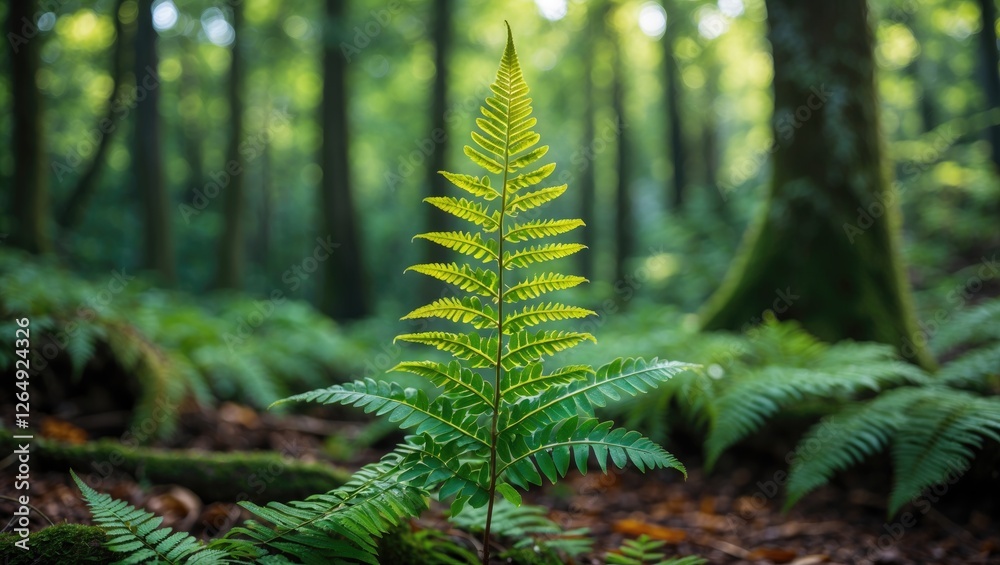 Poster Close-up of a vibrant green fern in a lush forest environment with dappled sunlight filtering through trees Copy Space