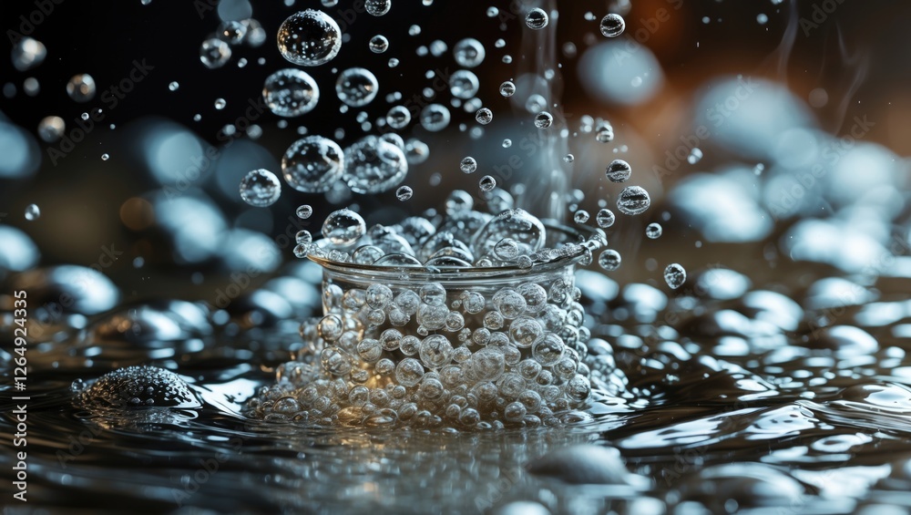 Aufkleber Bubbles in water splashing around a glass container creating a dynamic fluid motion with reflections and ripples Copy Space