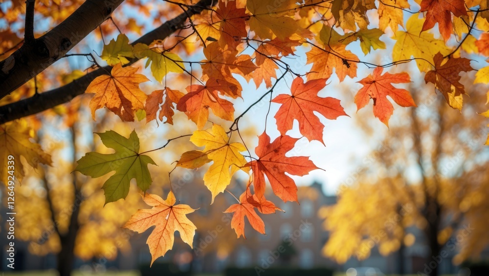Poster colorful autumn maple leaves with a soft focus background and copy space
