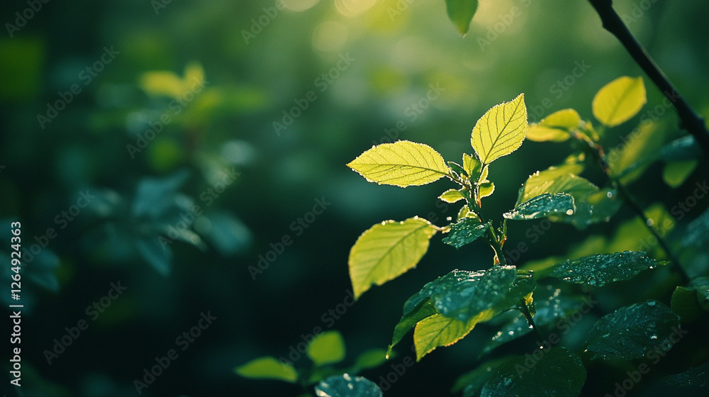 Sticker Fresh, vibrant green leaves glistening with water droplets, illuminated by sunlight in a tranquil, natural environment. Serene beauty.