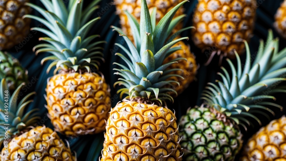 Poster Pineapples arranged in a cluster showcasing various stages of ripeness and colors with green leaves and textured skin Copy Space