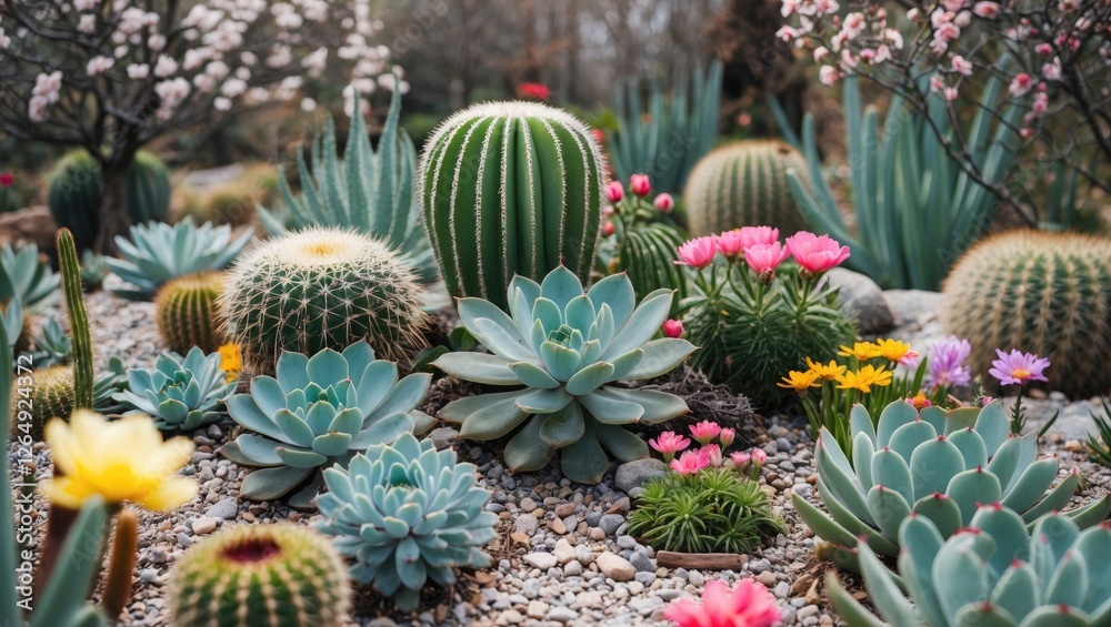 Poster Diverse collection of cacti and succulents with colorful flowers in a garden setting featuring pebbles and greenery Copy Space