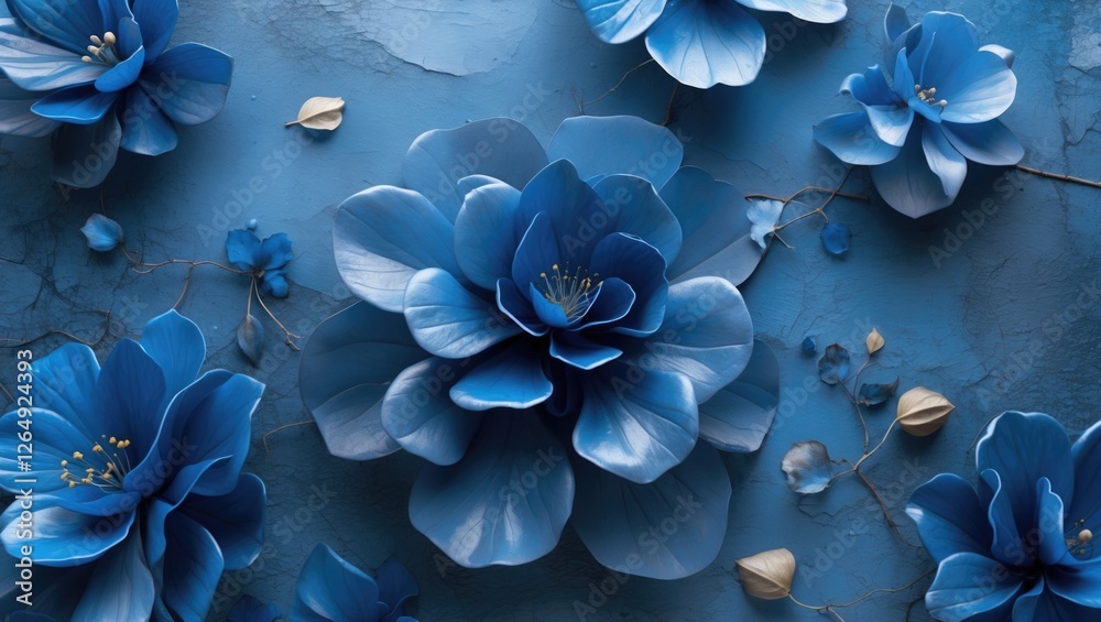 Poster blue floral arrangement with large and small artificial flowers on textured blue background with cop