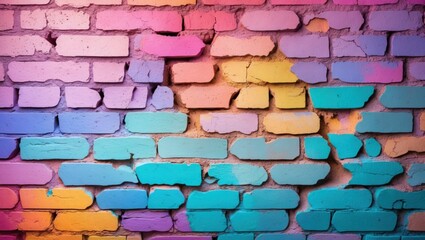 Colorful graffiti wall paint with pink purple blue and teal bricks abstract background with texture and detail Copy Space