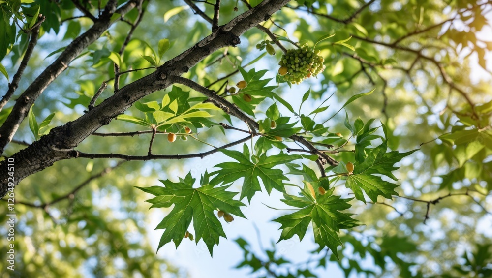 Aufkleber Green maple tree leaves with small fruits and sunlight filtering through branches in a natural setting Copy Space