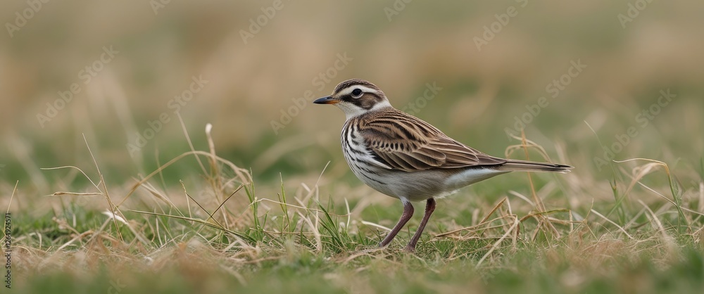 Aufkleber Eurasian skylark bird standing on grassy field with blurred background and copy space for text