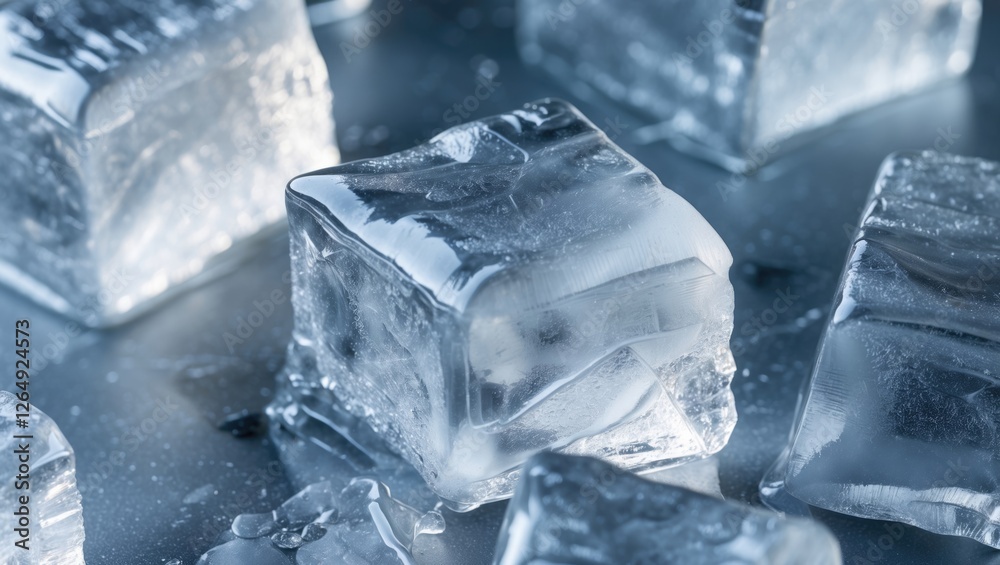 Aufkleber Ice cubes on a metallic surface with reflections and a cool color tone suitable for food and beverage themes Copy Space