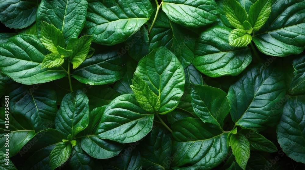 Poster Close-up of vibrant green leaves with varying shapes and textures arranged in a natural pattern suitable for background or design use Copy Space