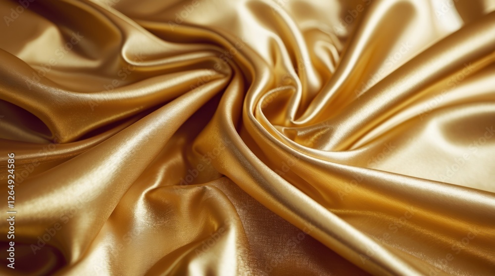 Poster Golden silk fabric with smooth texture and gentle folds displaying luxurious sheen and shine for textile backgrounds. Copy Space