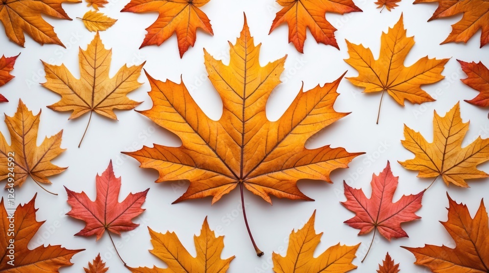 Poster colorful autumn leaves arranged on a white background with a large central leaf and smaller leaves s