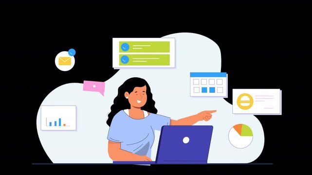 Vector animation showing characters managing multiple tasks at once, from work to personal life, with visual cues highlighting the chaos and efficiency of multitasking in modern life.