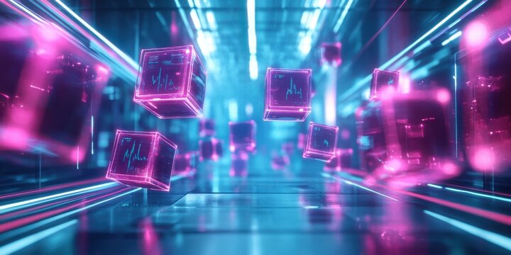 Data platforms integrating automation tools to accelerate digital adoption showing floating data cubes in a neon-lit virtual space