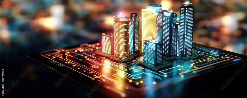 Poster futuristic cityscape with digital elements and illuminated skyscrapers representing urban technology