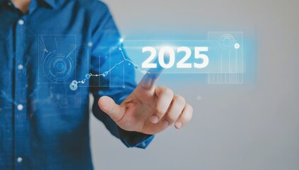 Selecting the Future: A hand reaches out towards a futuristic display, confidently selecting "2025" amidst a backdrop of data visualizations and abstract patterns, suggesting progress and potential.