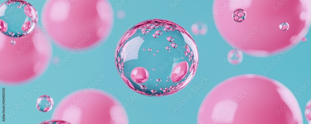 Poster colorful floating bubbles with clear liquid and pink background in vibrant atmosphere