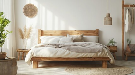 Vintage-style bedroom with a handcrafted wooden bed frame, pastel bedding, and a calming, warm vibe