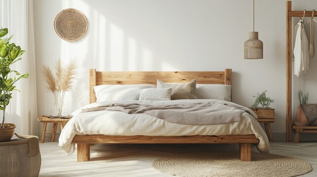Vintage-style bedroom with a handcrafted wooden bed frame, pastel bedding, and a calming, warm vibe