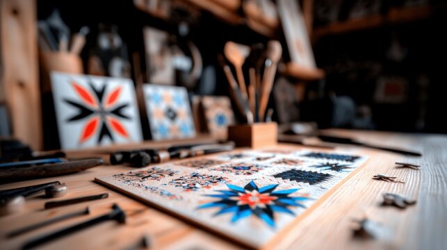 Islamic Art Tiles  Craftsmanship  Workshop  Wooden Table  Intricate Patterns  Cultural Her