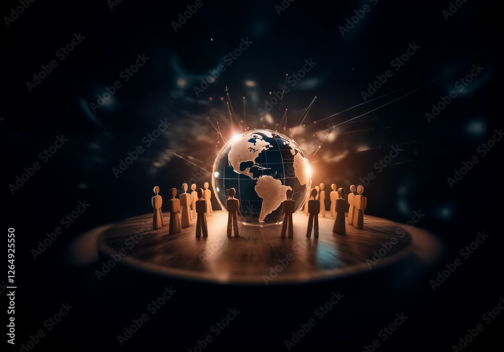 Leinwandbilder silhouettes of people stand around a glowing earth globe placed on a platform, with a bright light s