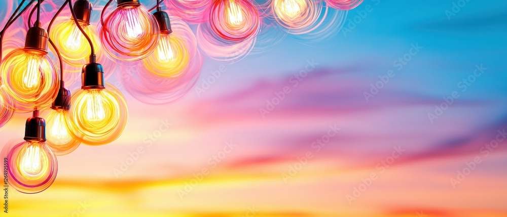 Aufkleber decorative string lights glowing warmly against a colorful sunset sky with soft clouds in the backgr