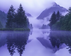 Fototapeta premium Misty mountain lake reflection, tranquil dawn scene; nature backdrop