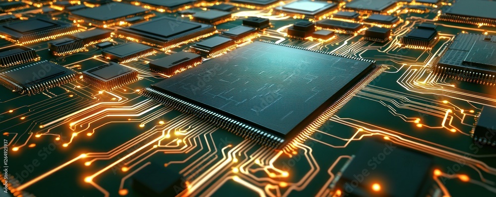 Poster Futuristic circuit board design with glowing elements showcasing microchips and intricate electronic pathways